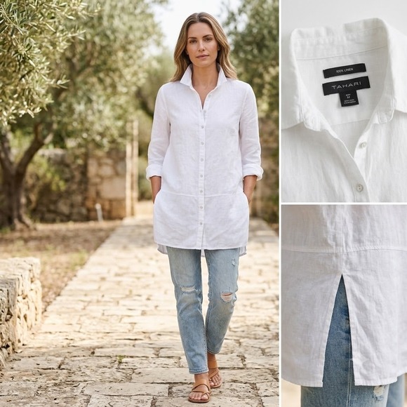 Tahari Tops - Tahari Tunic Women Small White 100% Linen Longline Button Down Shirt Roll Tab